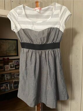 Striped White & Gray Empire Waist Mini Dress